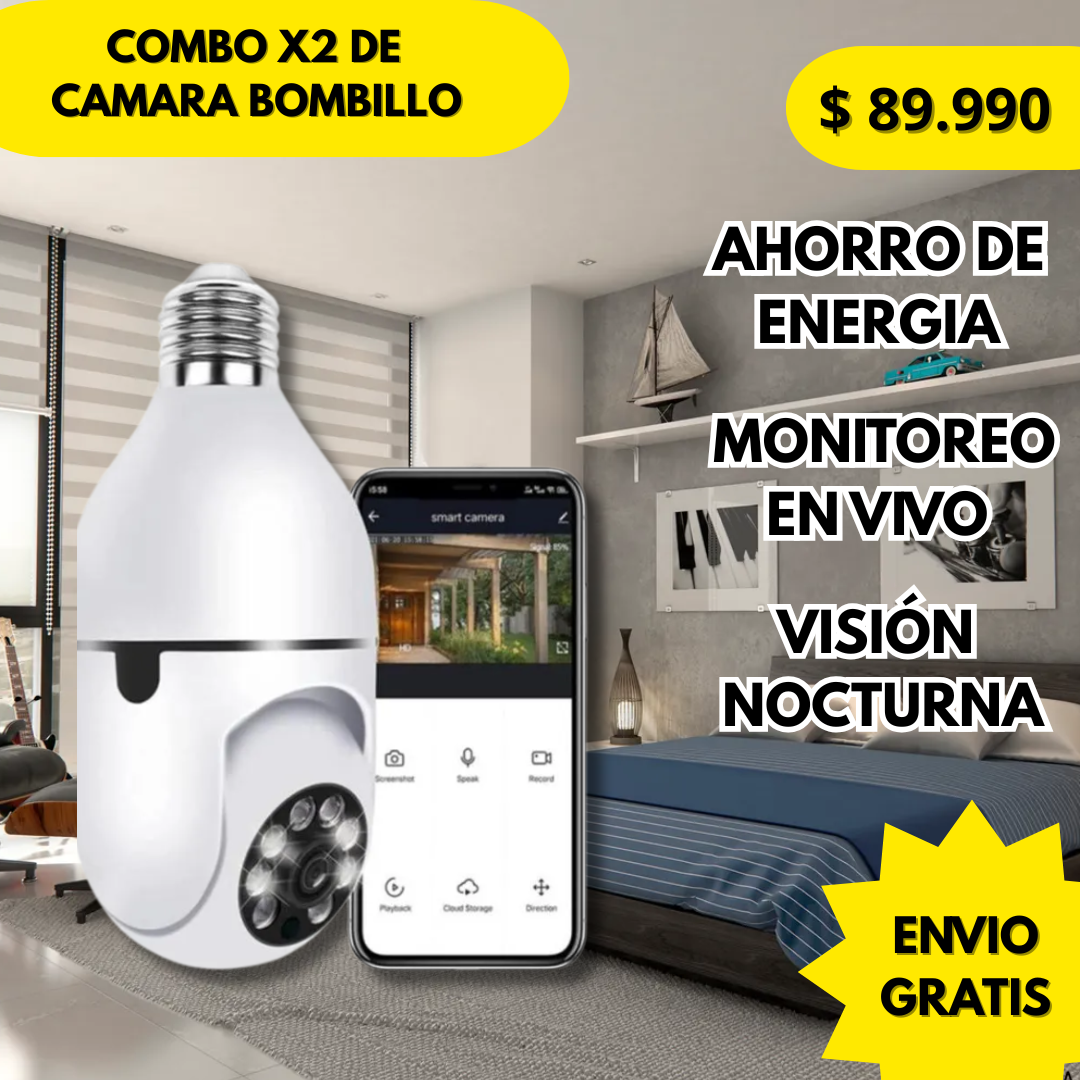 📷💡 Combo x2: Cámara Bombillo WiFi 360° – 🔄 ¡Visión Total, 🔧 Instalación Súper Fácil y 📲 Control Remoto al Instante!
